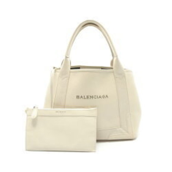 BALENCIAGA Navy Blue Cabas Tote Bag Ivory White Leather - Picture 1 of 8